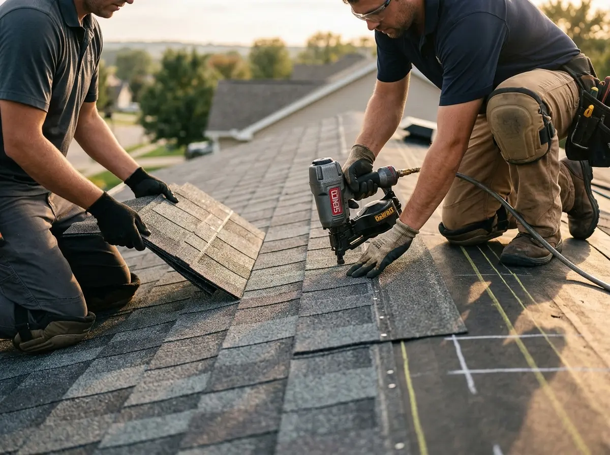 Professional roofer working on a residential roof in Thornton